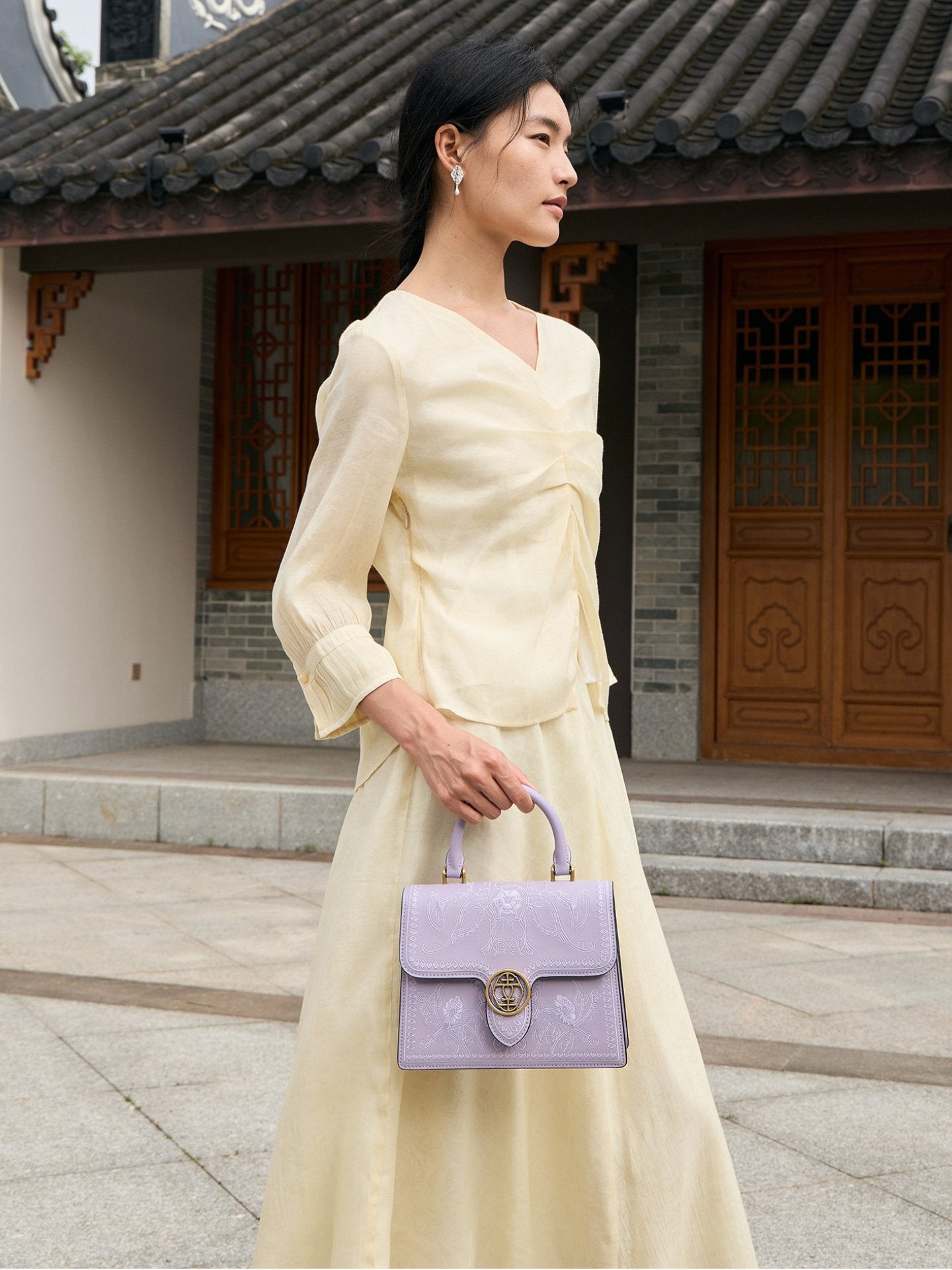 Graceful Lady Embroidered Leather Accordion Bag | Morning Glory Chinese Handbag | Brocade Modern