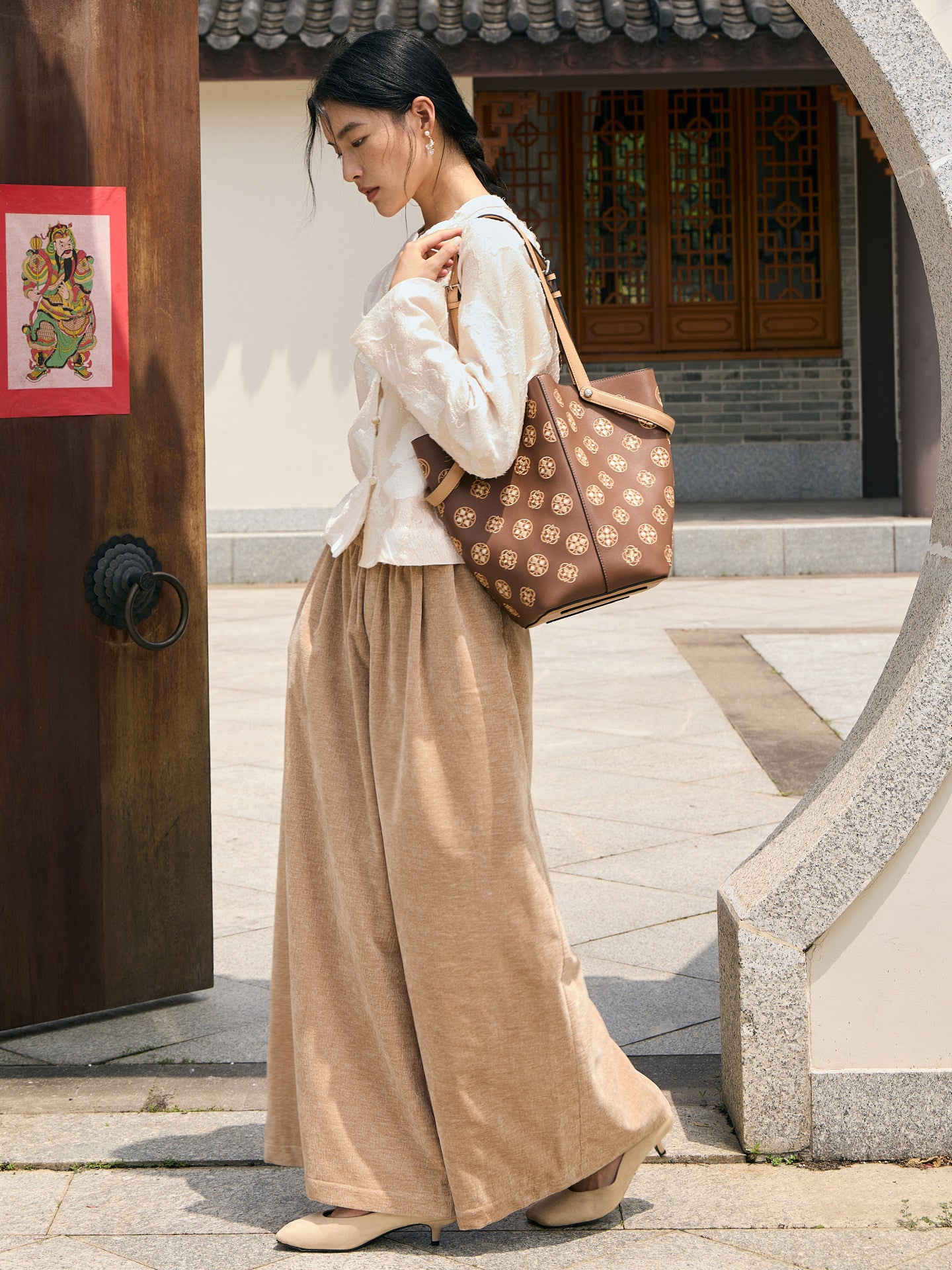Baoxiang Blossom Embroidered Leather Bucket Bag | Chinese Style Large Tote | Brocade Modern