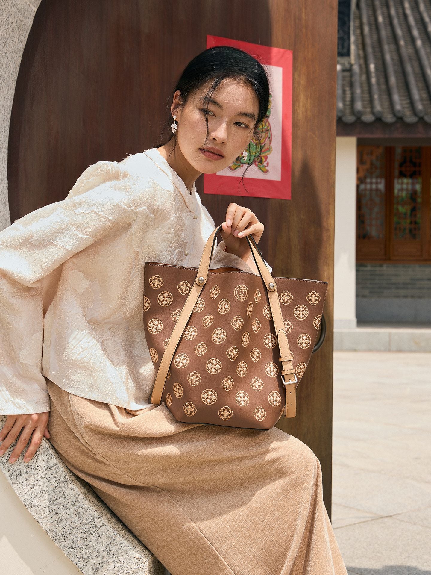 Baoxiang Blossom Embroidered Leather Bucket Bag | Chinese Style Large Tote | Brocade Modern