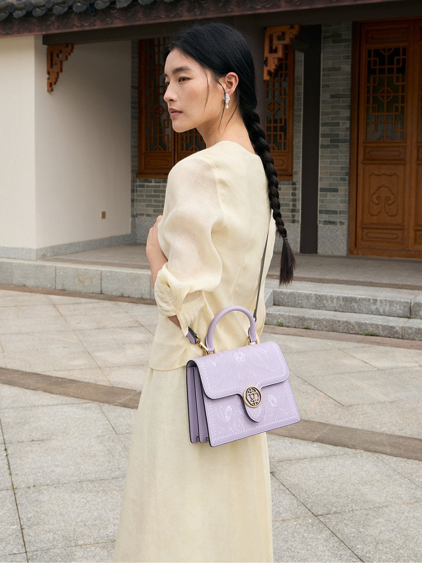Graceful Lady Embroidered Leather Accordion Bag | Morning Glory Chinese Handbag | Brocade Modern