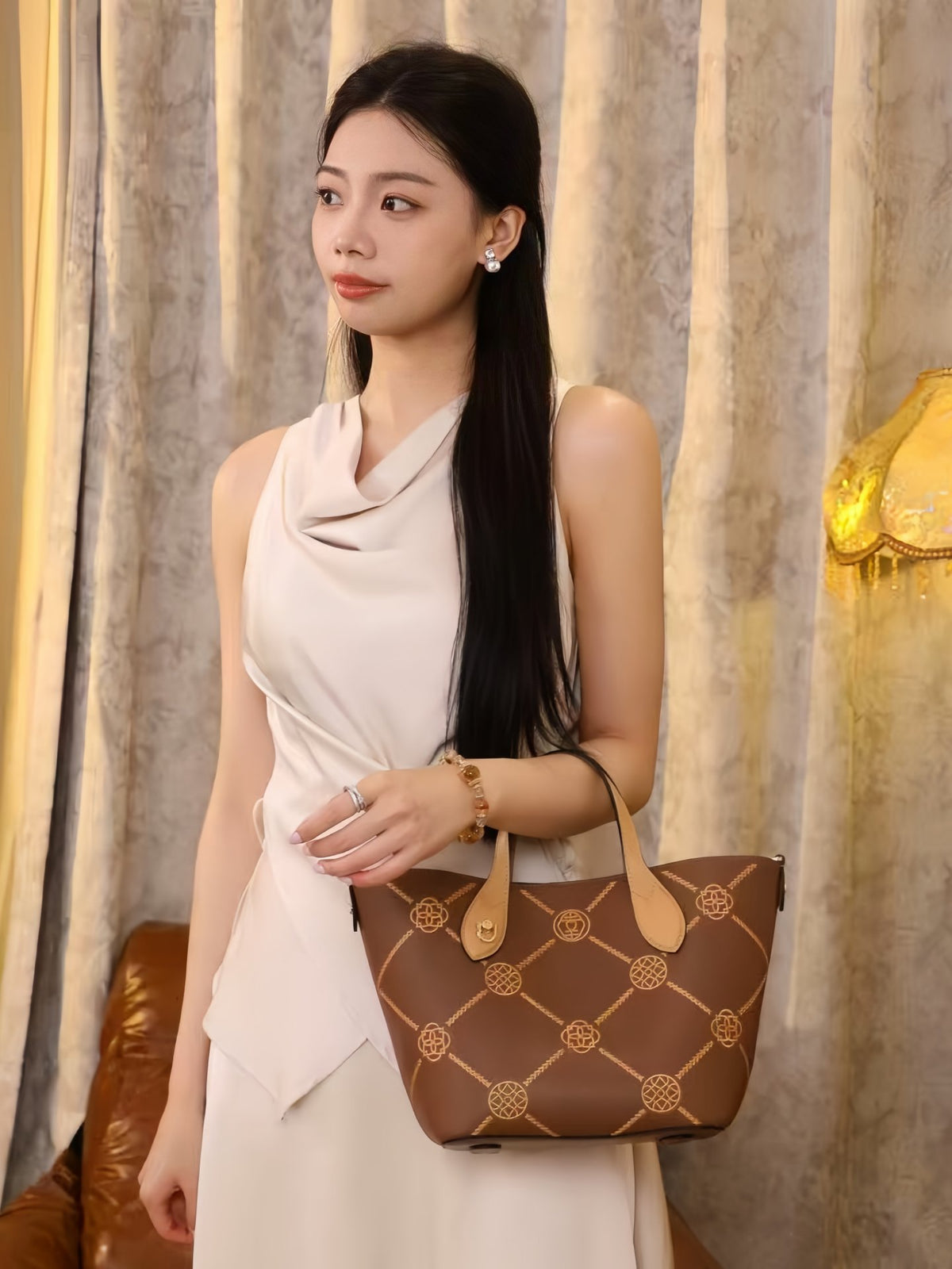 Eternal Garden Gold-Thread Embroidered Cowhide Tote Bag