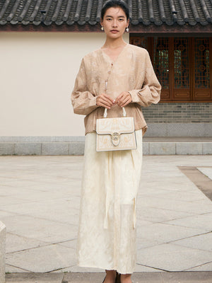 Graceful Lady Embroidered Leather Accordion Bag | Morning Glory Chinese Handbag | Brocade Modern