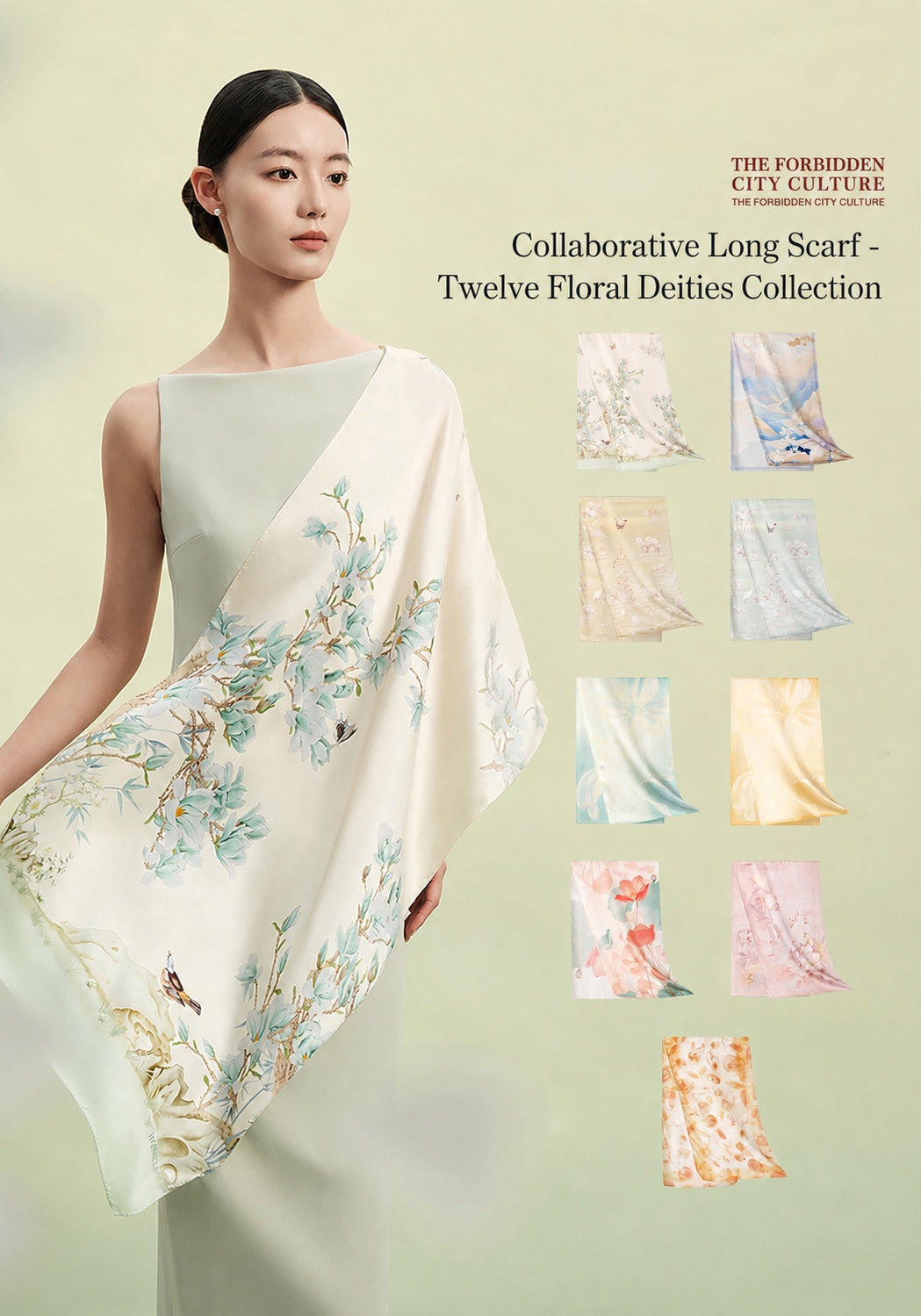 Twelve Floral Deities mulberry silk long scarf worn as shoulder wrap, pastel floral print-brocademdoern