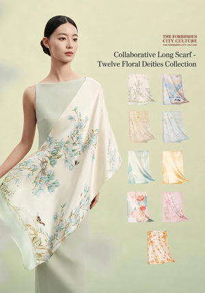 Twelve Floral Deities mulberry silk long scarf worn as shoulder wrap, pastel floral print-brocademdoern