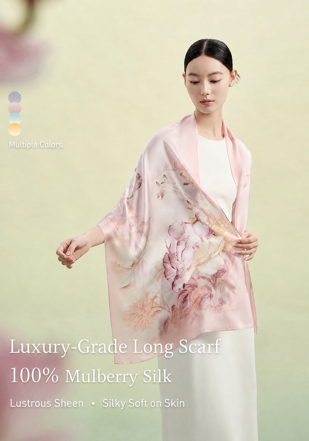 Twelve Floral Deities mulberry silk long scarf worn as shoulder wrap, pastel floral print-brocademdoern