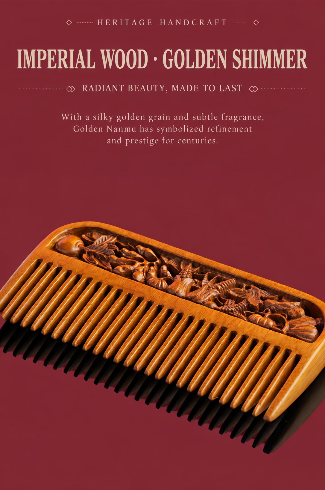 Bountiful Harvest Golden Nanmu Wooden Comb – Heritage Hand-Carved Wide-Tooth Comb