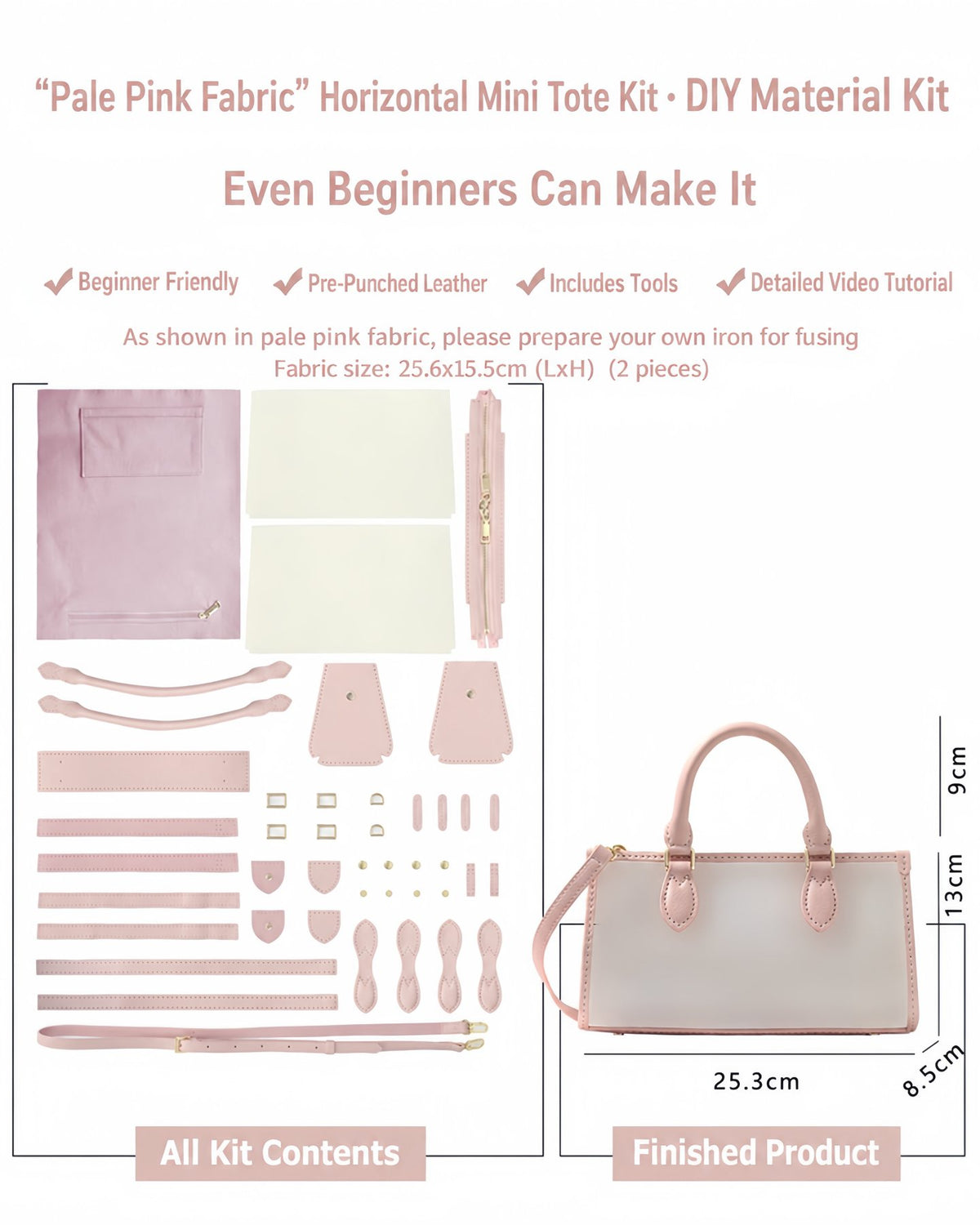 Pink custom-fabric mini tote DIY kit with leather components and finished bag dimensions