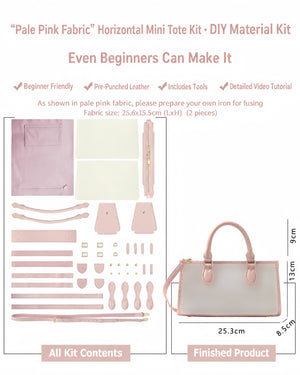 Pink custom-fabric mini tote DIY kit with leather components and finished bag dimensions