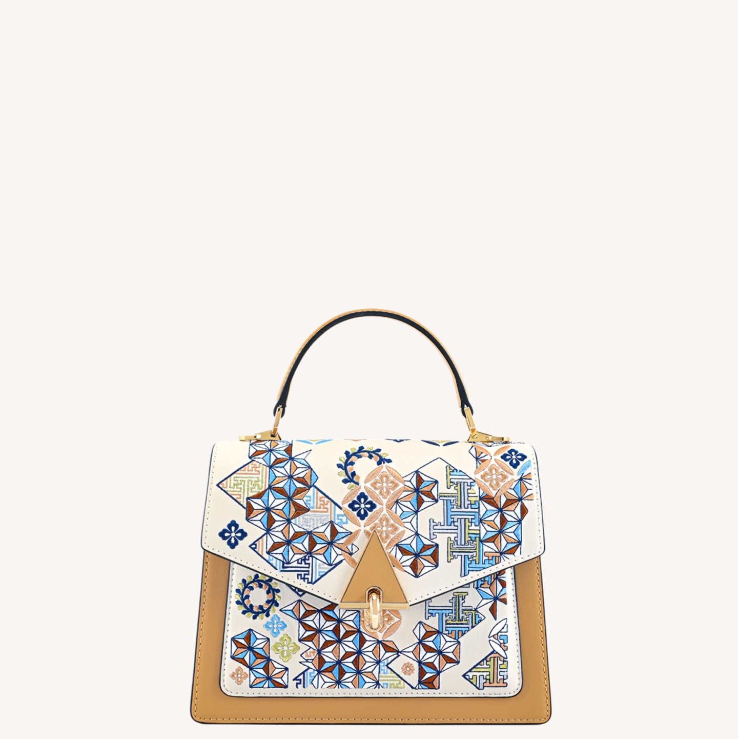 Chinoiserie Luxury Oriental Geometric Embroidered Leather Top-Handle Bag