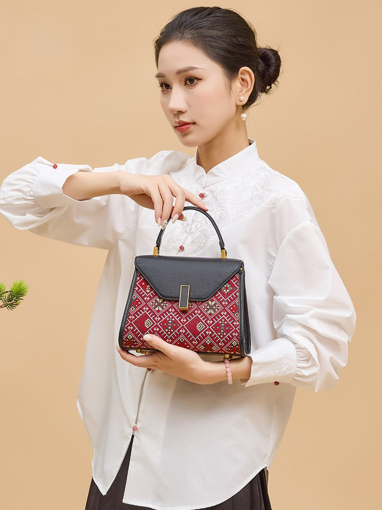 Heritage Zhuang Brocade New Chinese Style Kelly Bag – Crimson Blossom-brocademodern