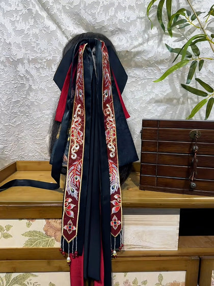 Feng Qiu Huang oversized bow hair accessory with phoenix-inspired embroidery and black red ribbons