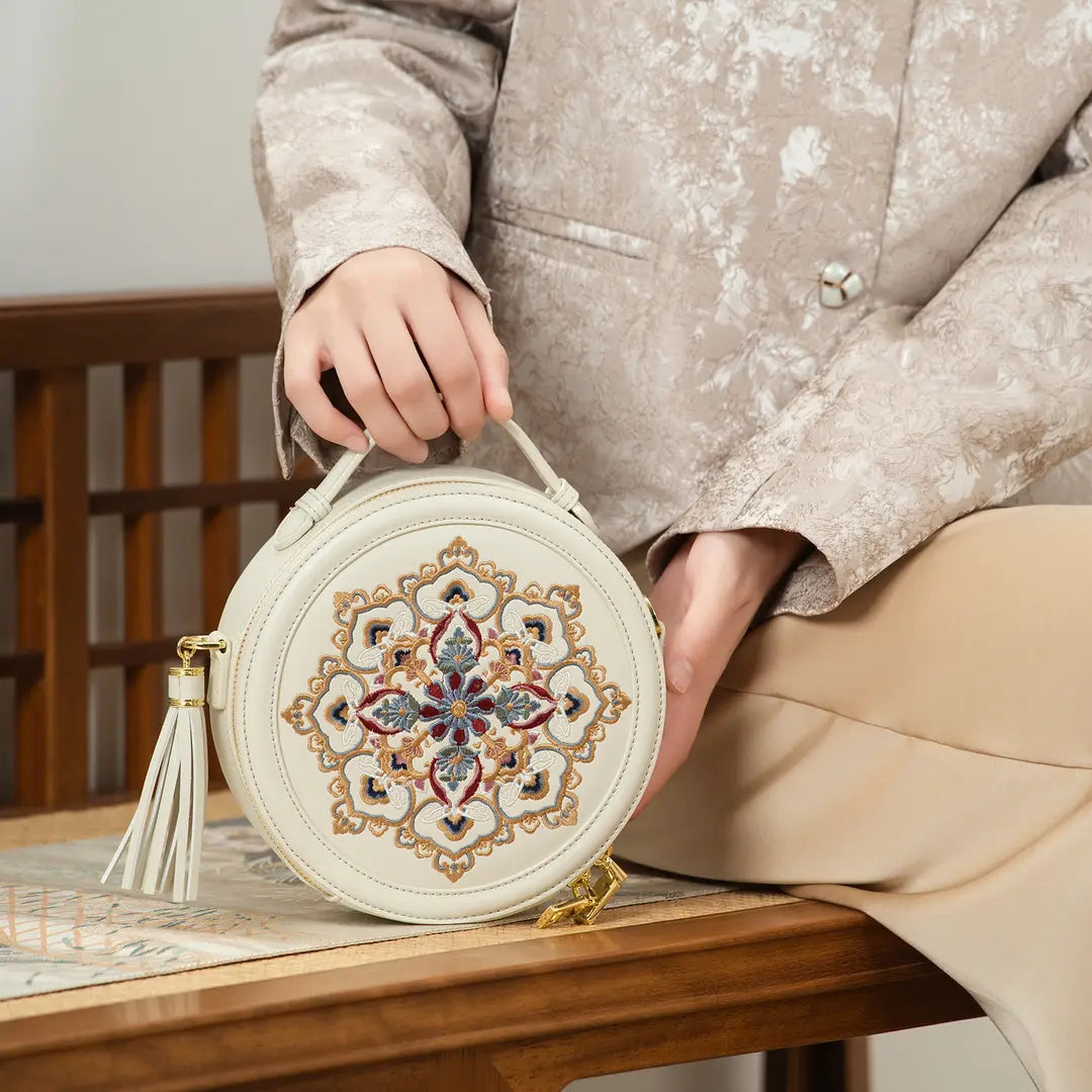 Gu (古) Series Baoxiang Blossom Round Bag – Chinese Embroidered Crossbody | Brocade Modern