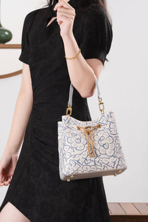 Heritage Embroidered New Chinese Style Bucket Bag – Blue & White Peony