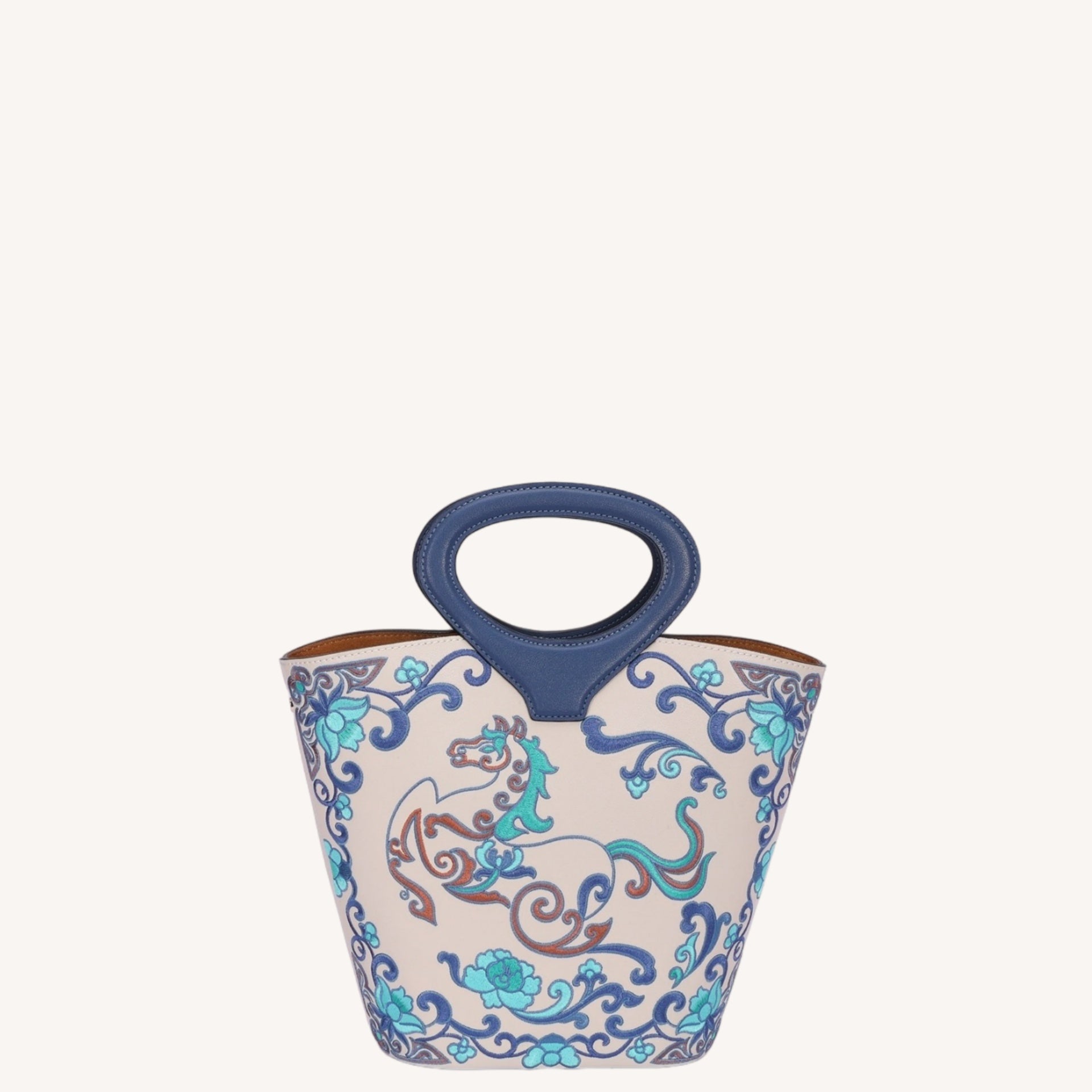 New Chinese Style Embroidered Leather Bucket Handbag - Heavenly Horse Fortune Tote Bag