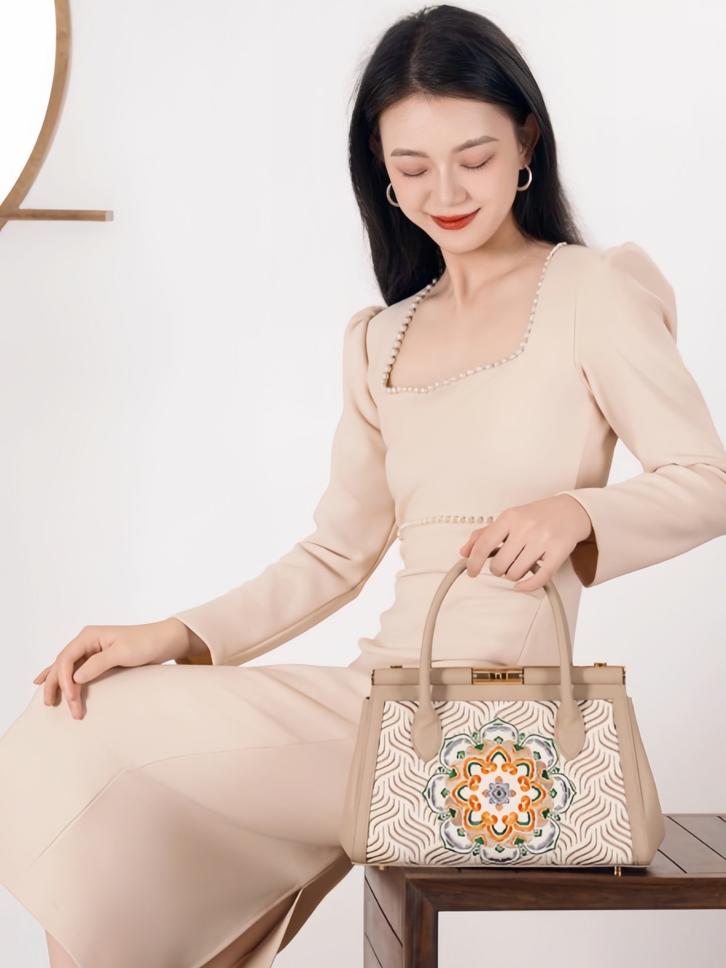 Luxury Embroidered  New Chinese Style Tote Bag – Blooming Medallion & Flowing Water