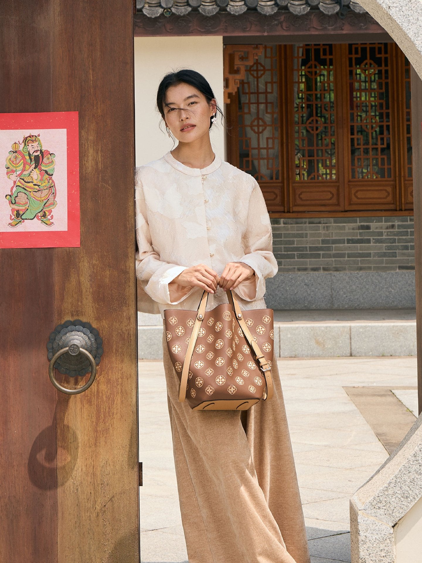 Baoxiang Blossom Embroidered Leather Bucket Bag | Chinese Style Large Tote | Brocade Modern