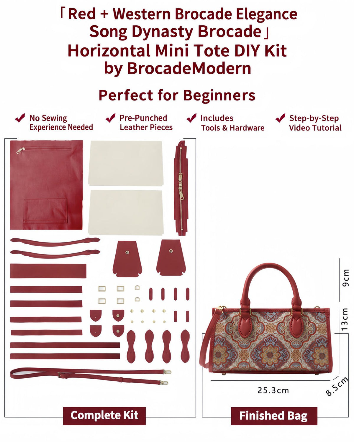Red Xilou Jinhua Song brocade handbag DIY kit with tools and finished tote example