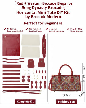 Red Xilou Jinhua Song brocade handbag DIY kit with tools and finished tote example