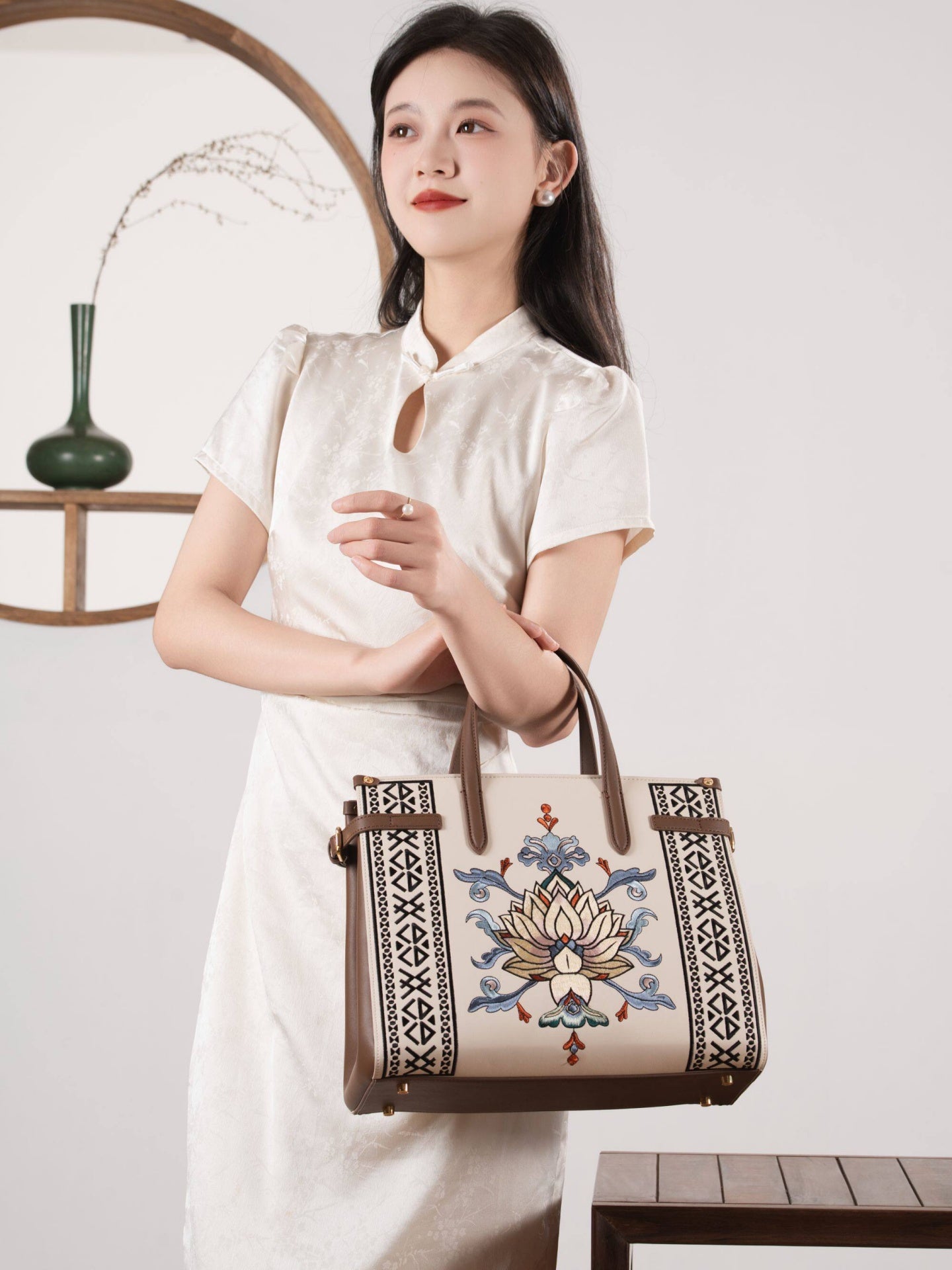 Embroidered Tote Bag | Lotus Vine Chinese Style Handbag | Brocade Modern