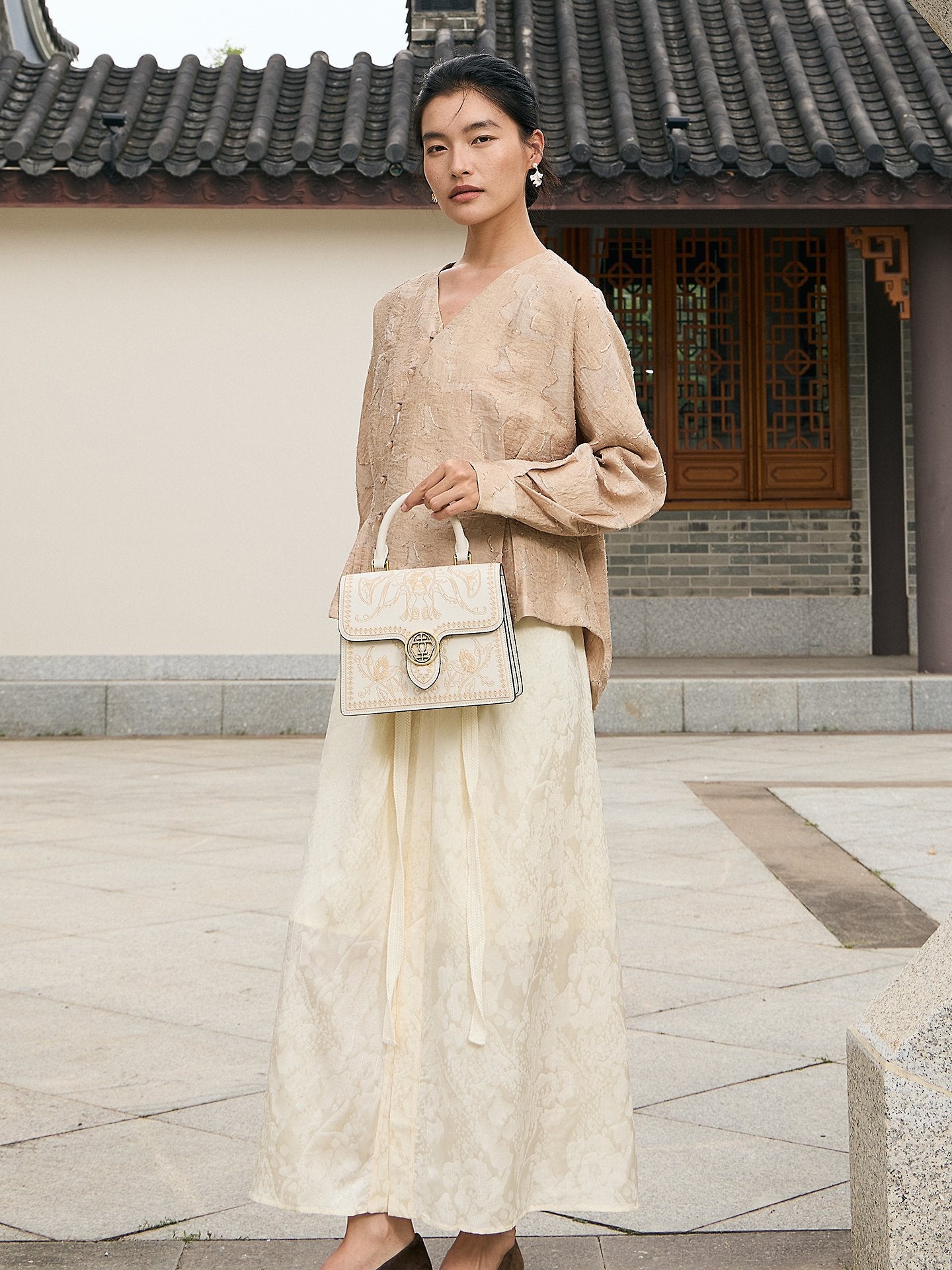 Graceful Lady Embroidered Leather Accordion Bag | Morning Glory Chinese Handbag | Brocade Modern