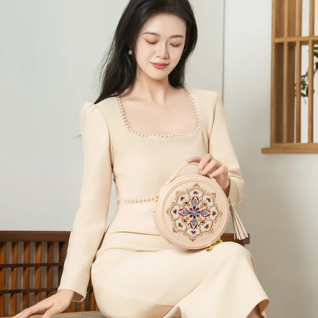 Gu (古) Series Baoxiang Blossom Round Bag – Chinese Embroidered Crossbody | Brocade Modern
