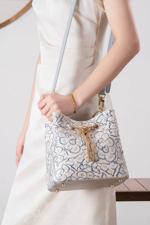 Heritage Embroidered New Chinese Style Bucket Bag – Blue & White Peony