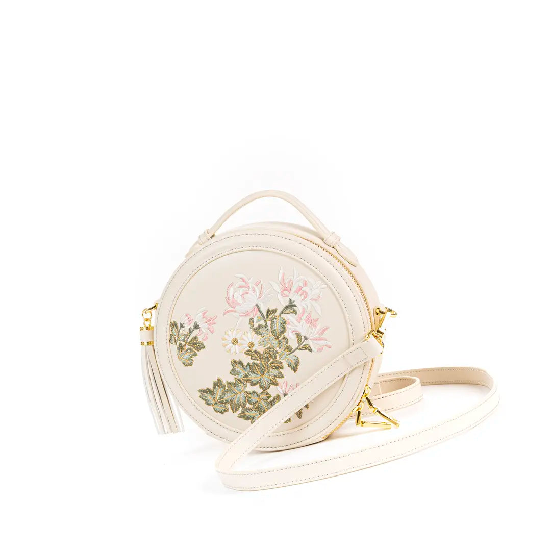 Gu (古) Series Round Bag | Chinese Embroidered Epiphyllum & Plum Blossom Bag | Brocade Modern