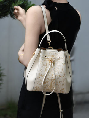 Liuli Phoenix Crown Embroidered Convertible Backpack | Chinese Style Bucket Bag | Brocade Modern
