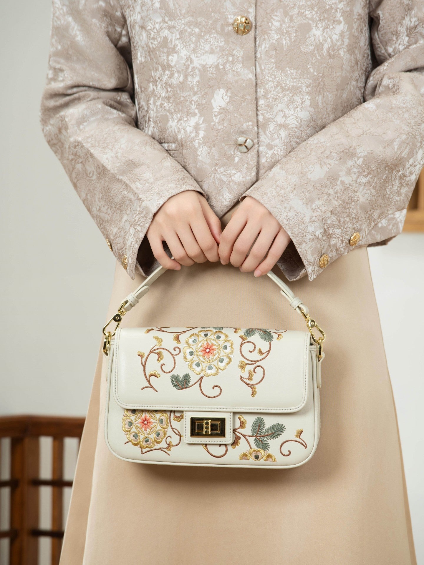 Baoxiang Flower Embroidered Top-Handle Bag | Brocade Modern
