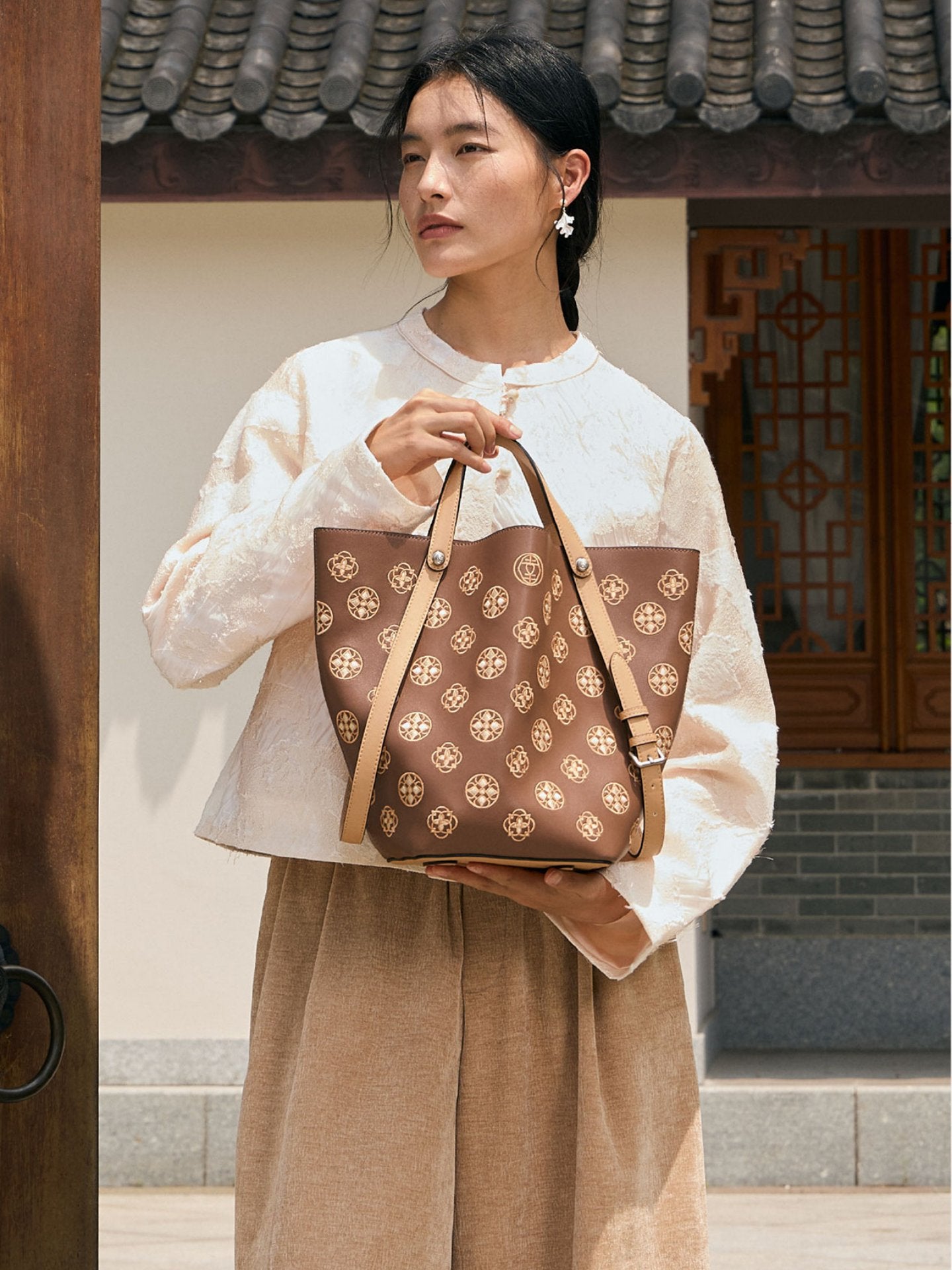 Baoxiang Blossom Embroidered Leather Bucket Bag | Chinese Style Large Tote | Brocade Modern