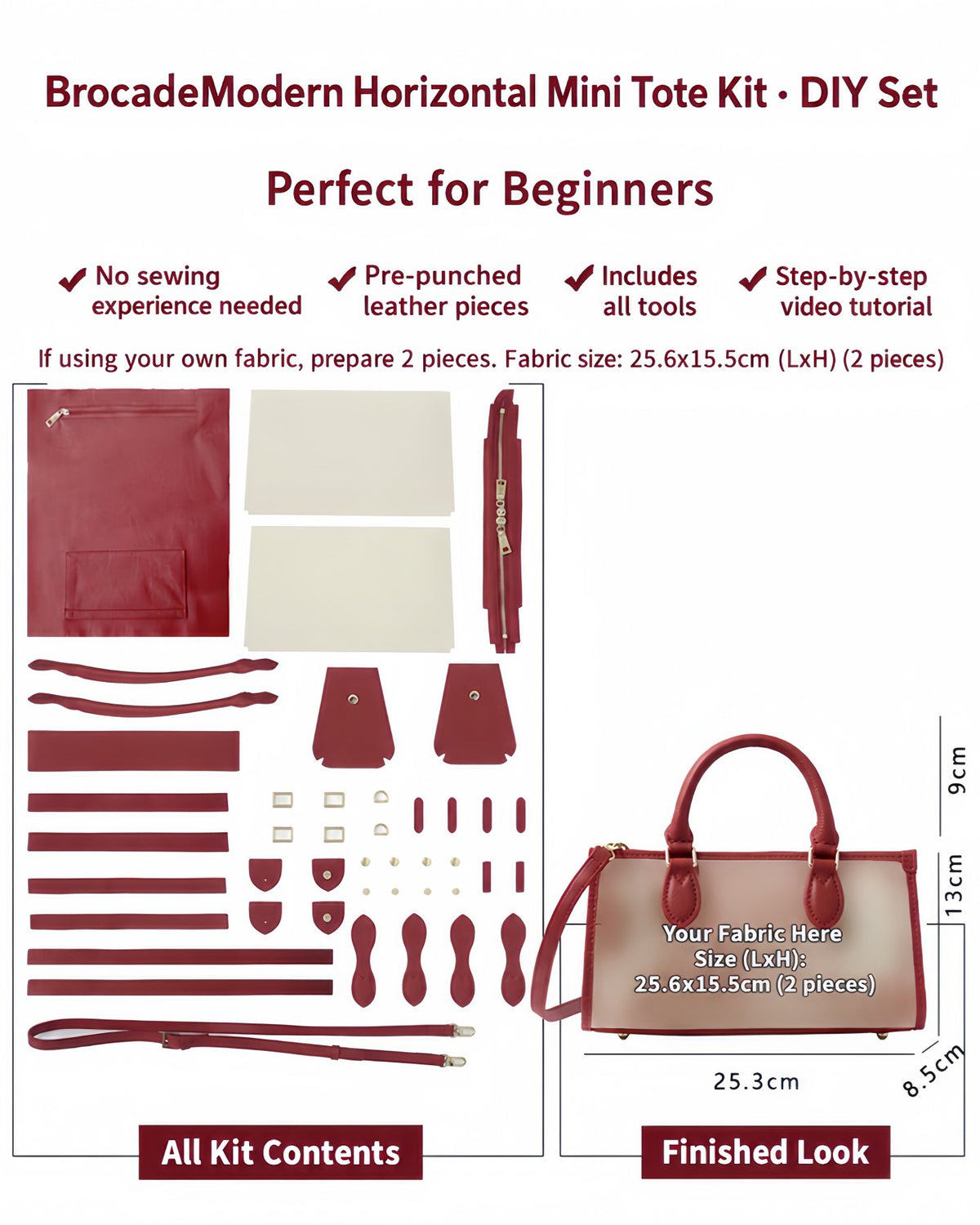 Red custom-fabric horizontal tote kit requiring two decorative textile panels