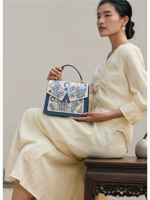 Chinoiserie Luxury Oriental Geometric Embroidered Leather Top-Handle Bag-brocademdoern