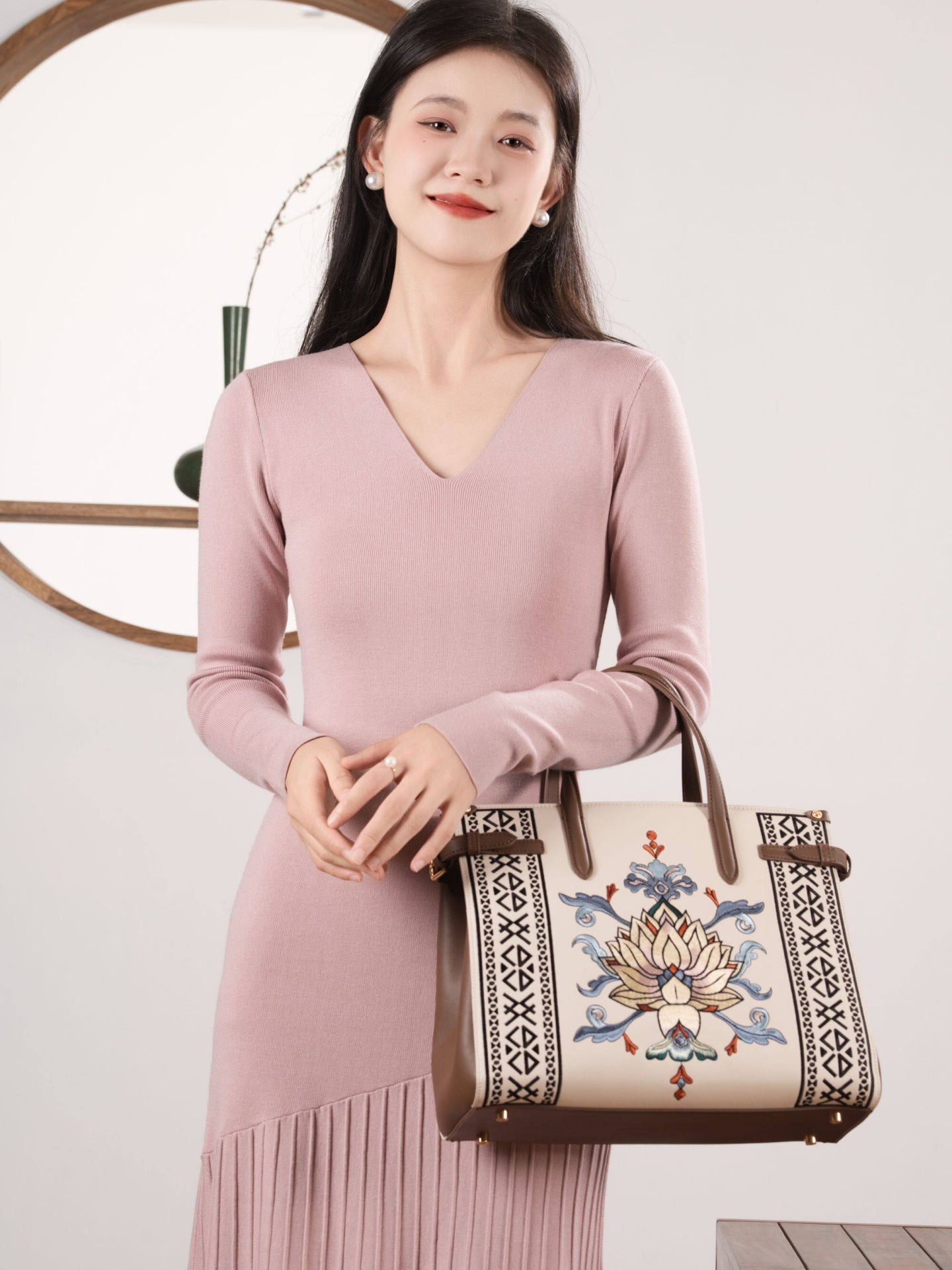 Embroidered Tote Bag | Lotus Vine Chinese Style Handbag | Brocade Modern