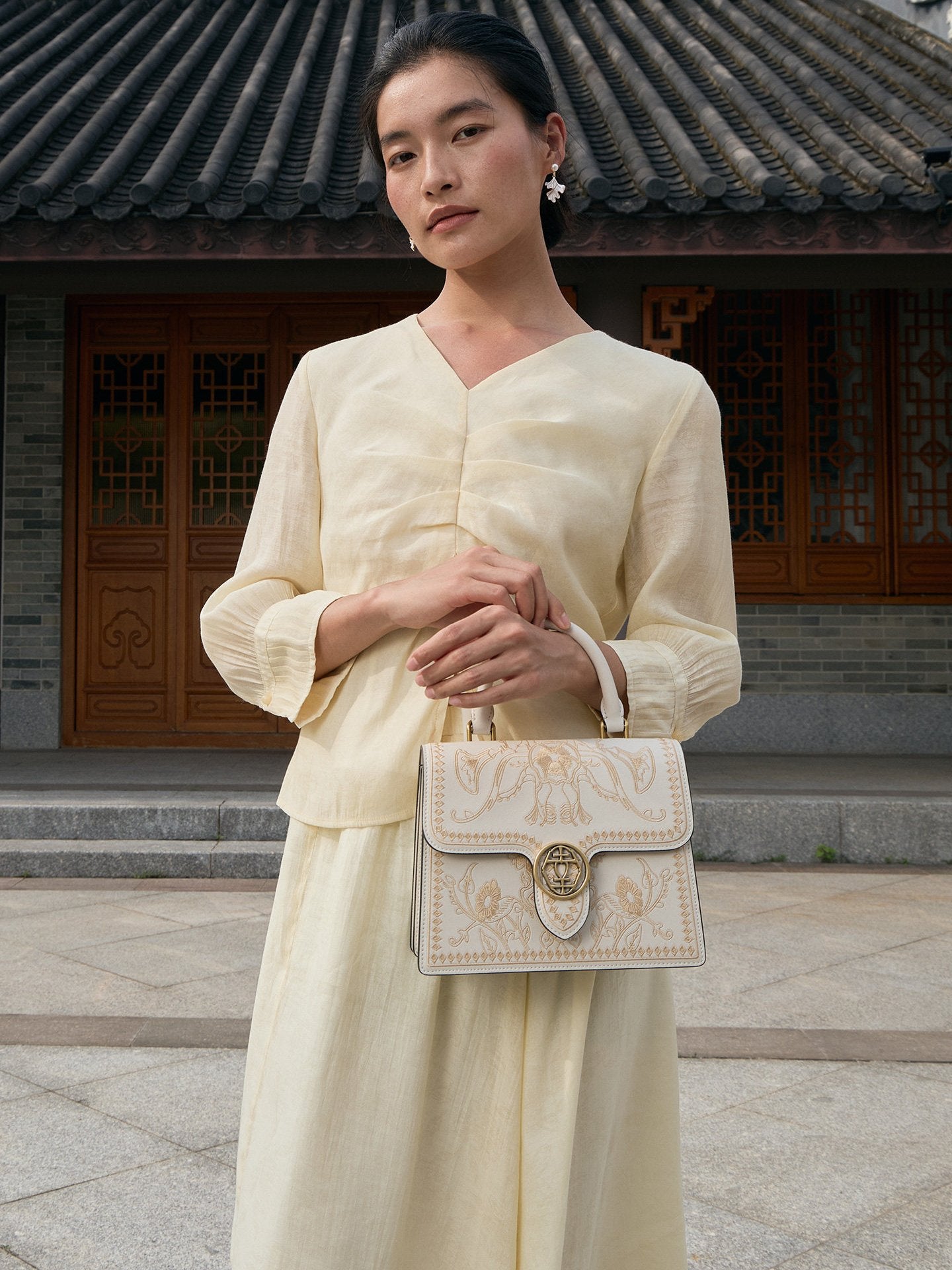 Graceful Lady Embroidered Leather Accordion Bag | Morning Glory Chinese Handbag | Brocade Modern