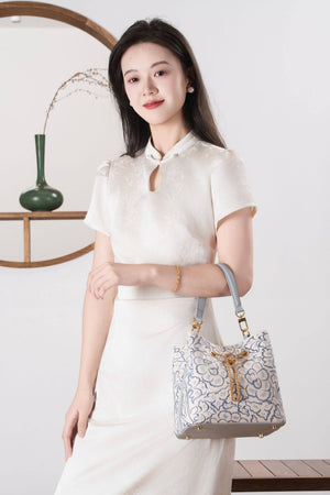 Heritage Embroidered New Chinese Style Bucket Bag – Blue & White Peony