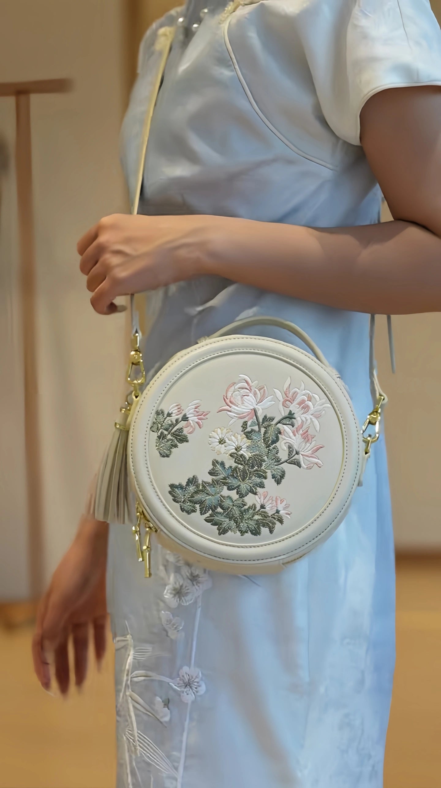 Gu (古) Series Round Bag | Chinese Embroidered Epiphyllum & Plum Blossom Bag | Brocade Modern