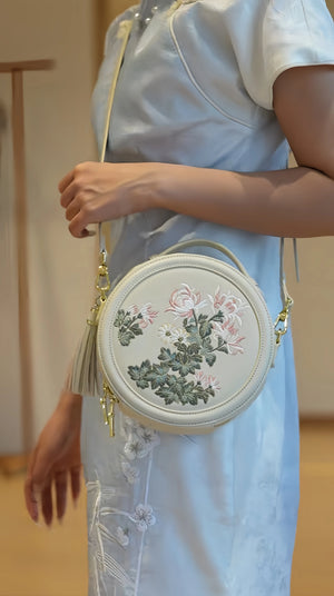 Gu (古) Series Round Bag | Chinese Embroidered Epiphyllum & Plum Blossom Bag | Brocade Modern