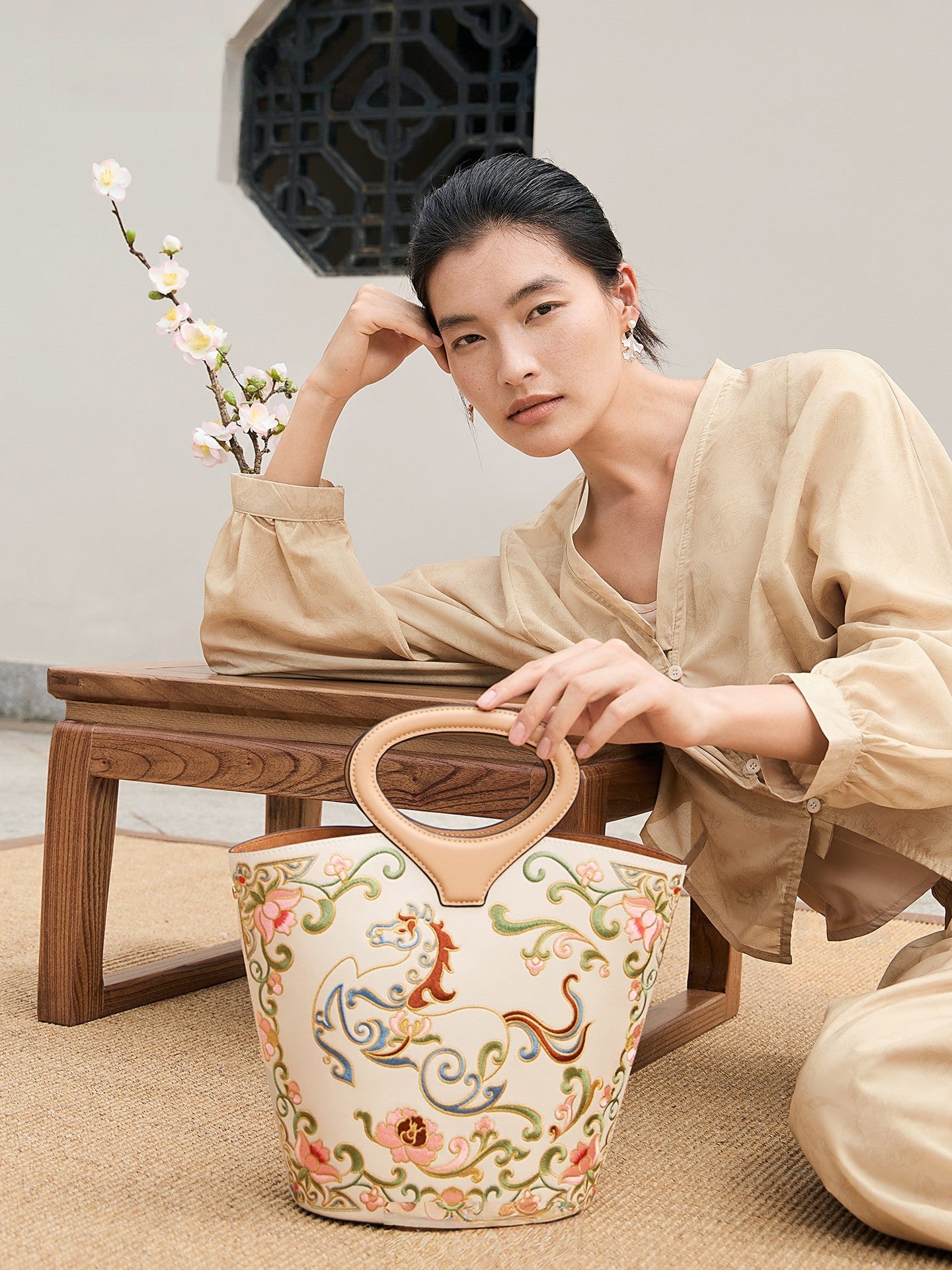 New Chinese Style Embroidered Leather Bucket Handbag - Heavenly Horse Fortune Tote Bag