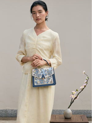 Chinoiserie Luxury Oriental Geometric Embroidered Leather Top-Handle Bag-brocademdoern