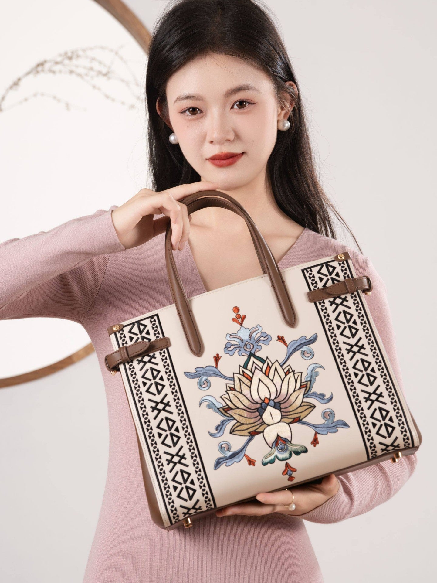 Embroidered Tote Bag | Lotus Vine Chinese Style Handbag | Brocade Modern