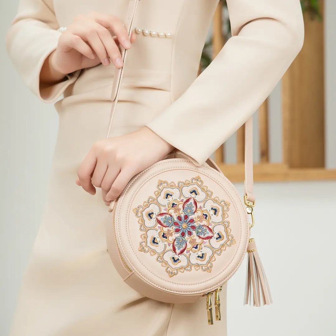 Gu (古) Series Baoxiang Blossom Round Bag – Chinese Embroidered Crossbody | Brocade Modern