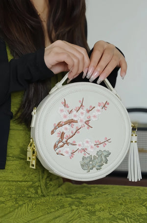 Gu (古) Series Round Bag | Chinese Embroidered Epiphyllum & Plum Blossom Bag | Brocade Modern