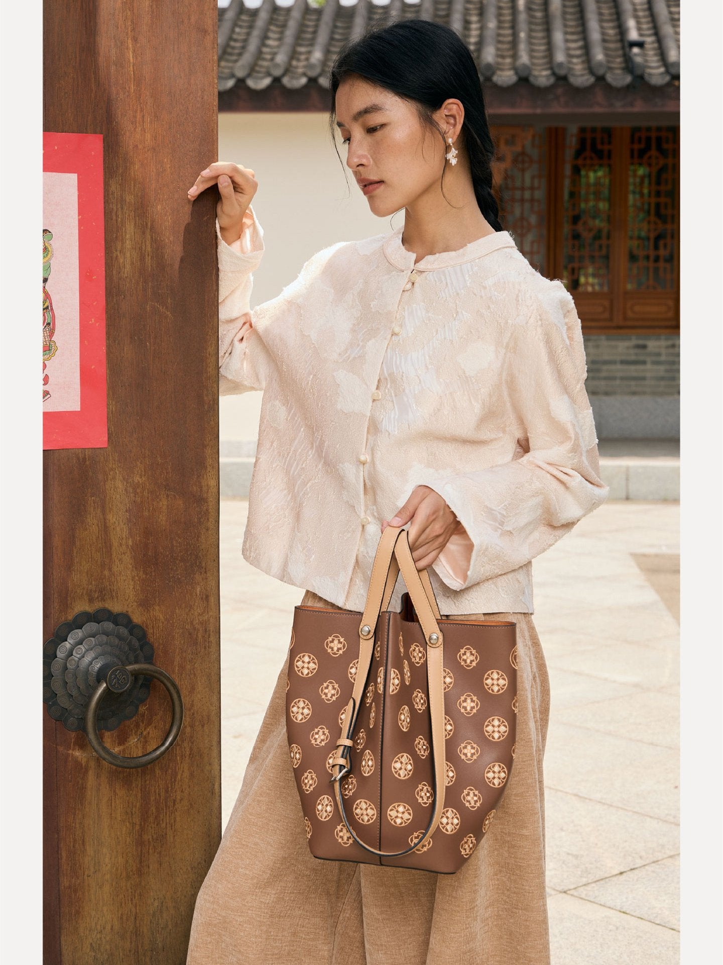 Baoxiang Blossom Embroidered Leather Bucket Bag | Chinese Style Large Tote | Brocade Modern