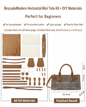 Brown custom-fabric mini tote kit with pre-cut leather and adjustable shoulder strap