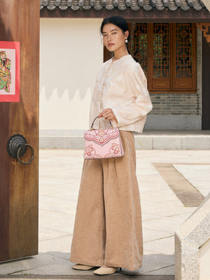 Luxury New Chinese Style Embroidered Leather Handbag – Koi & Gourd Motifs