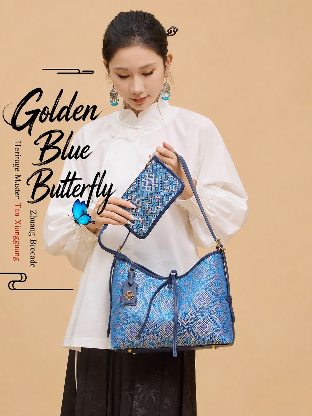 Heritage Zhuang Brocade New Chinese Style Long-Whisker Bag – Golden Blue Butterfly-brocademodern