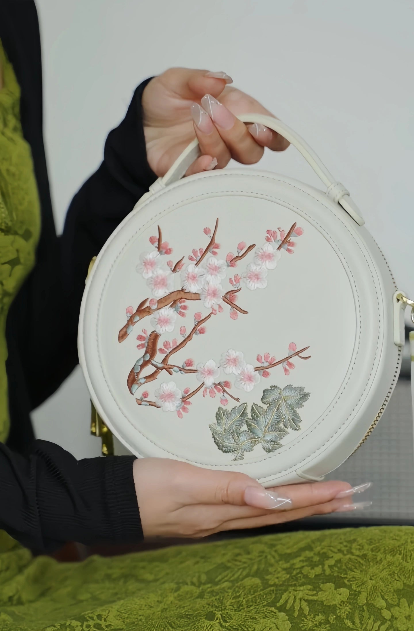 Gu (古) Series Round Bag | Chinese Embroidered Epiphyllum & Plum Blossom Bag | Brocade Modern