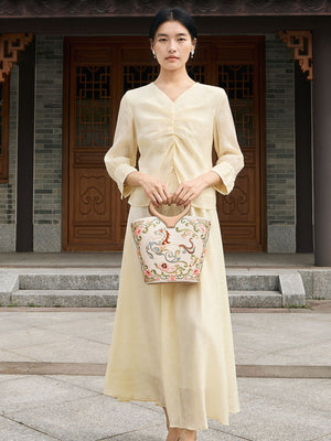 New Chinese Style Embroidered Leather Bucket Handbag - Heavenly Horse Fortune Tote Bag