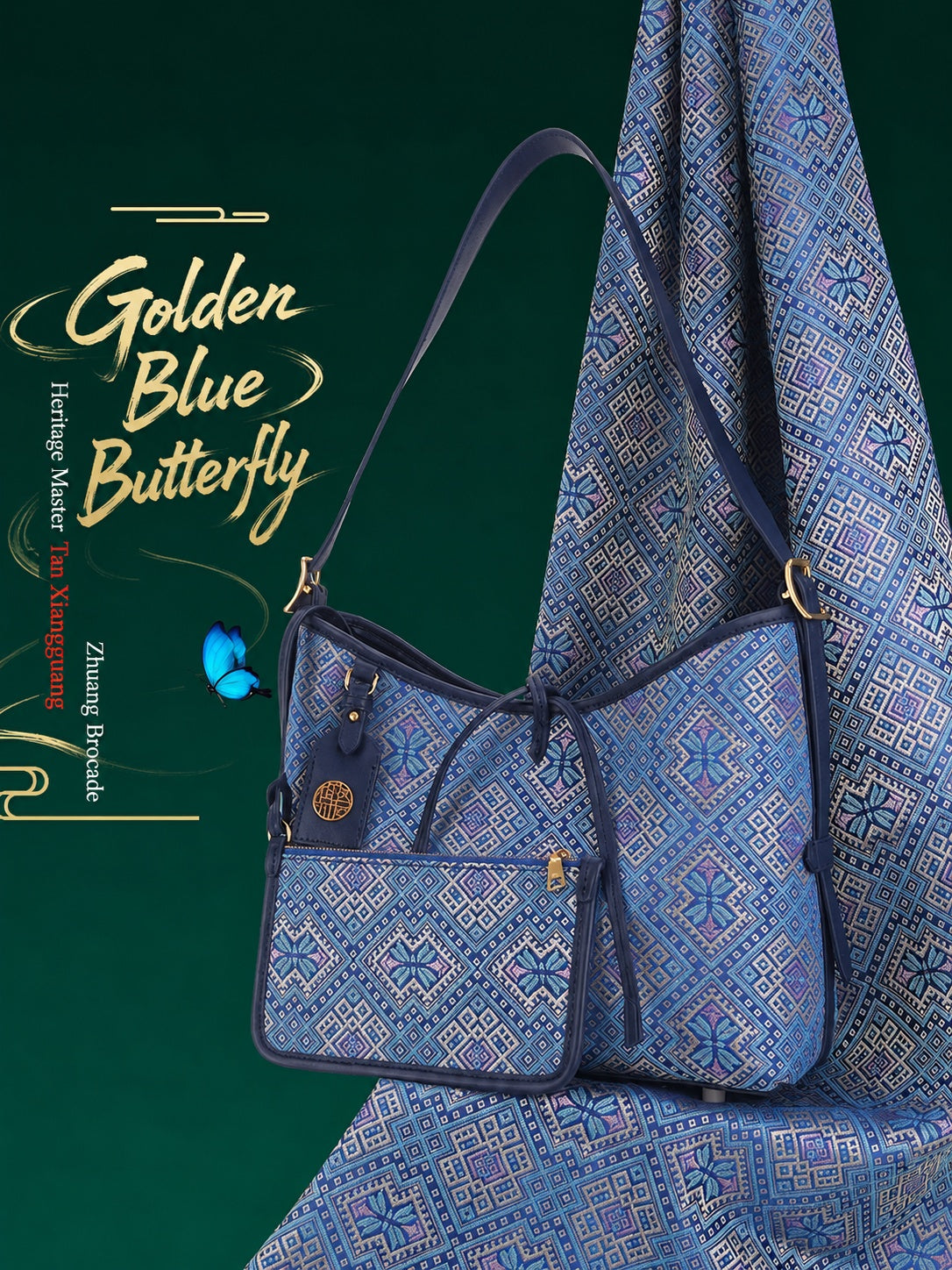 Heritage Zhuang Brocade New Chinese Style Long-Whisker Bag – Golden Blue Butterfly-brocademodern