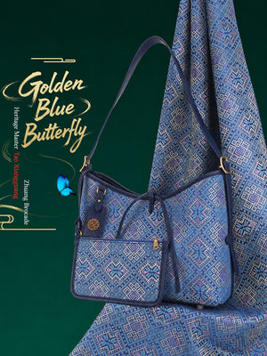 Heritage Zhuang Brocade New Chinese Style Long-Whisker Bag – Golden Blue Butterfly-brocademodern